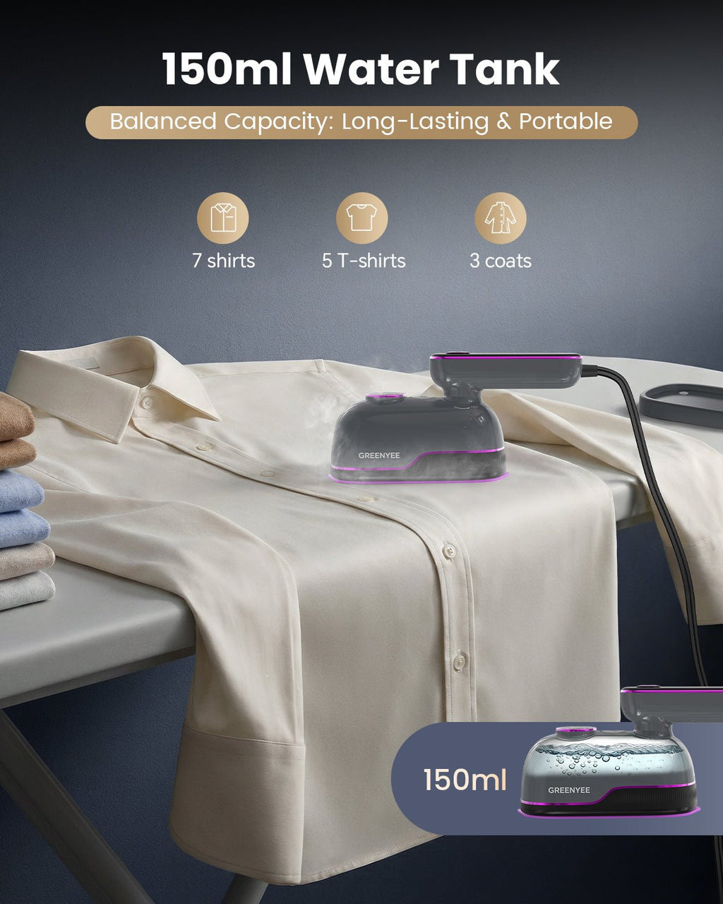 GREENYEE No Burns & 2X Faster | 150ml Smart Steam Iron | No Leaking 1000W, 6 Modes LED & 6.5" Wide Panel 2 - in - 1 - GREENYEE
