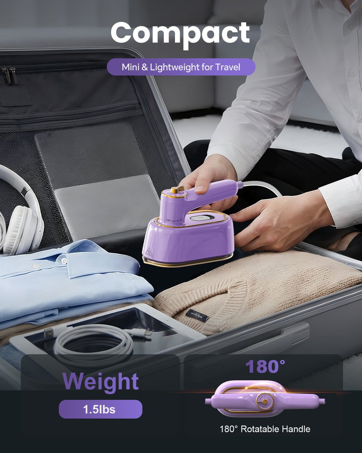 GREENYEE Travel Steamer Iron for Clothes, Portable 2 - in - 1 Dry & Steam Iron, Flat or Upright Use, 180° Foldable Handle, 15s Fast Heat - Up, 85ml Water Tank, Mini Steamer for Home & Travel - GREENYEE